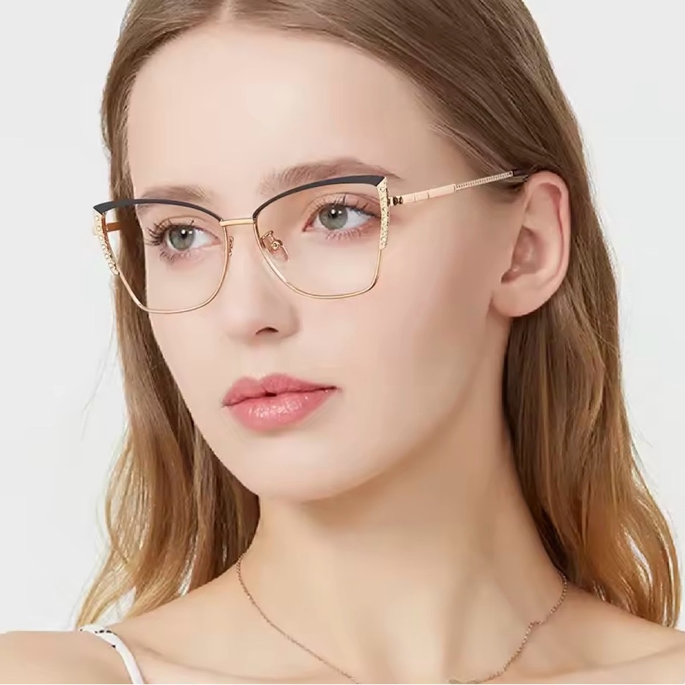 Cat Eye Photochromic Glasses Women Anti Blue Light Metal Frame - Gold Black